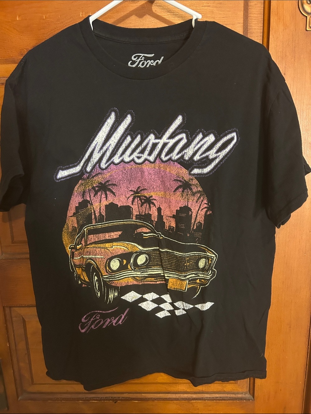 Ford Black Mustang Graphic Tee with Pink & Orange Sunset